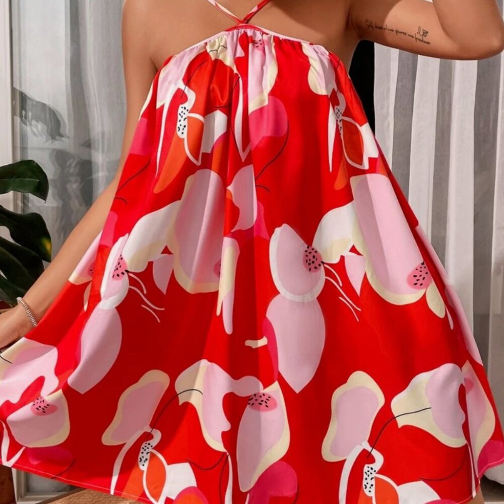 Shein Women's Large Red Pink Tropical Floral Mini Cami Dress